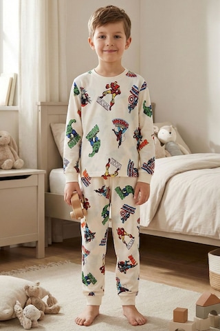Zuzunga Süper Kahramanlar Desenli Pamuk Beyaz Erkek Çocuk Pijama Takımı