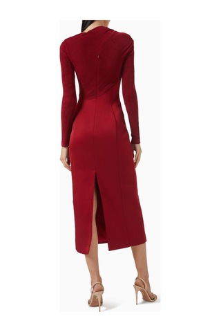 Eegen Studio Eleanor Midi Dress - Zarif Tasarım, Altın Yüzük Dekolteli, Uzun Kollu, Etkileyici Midi Elbise Kırmızı