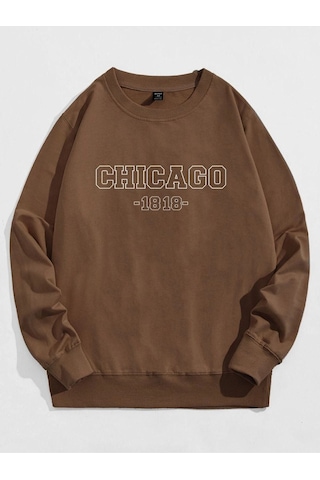 Unisex Kahverengi Chicago Baskılı Bisiklet Yaka Oversize Sweatshirt 001
