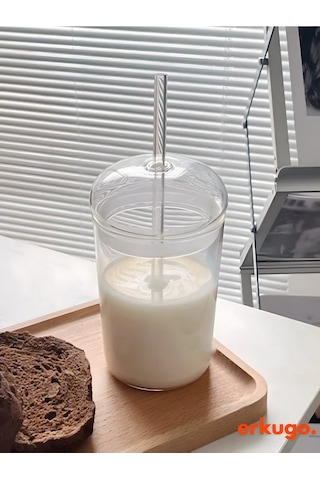 Borosilikat Sunum Bardağı, Kapaklı Pipetli Bardak, Kahve Bardağı, Isı Dayanıklı Bardak 500 Ml Companna