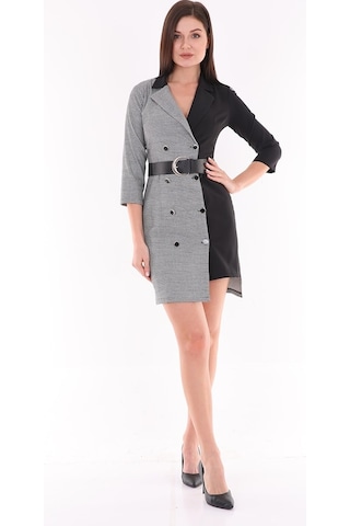 Etselements Kadın Düğme Ve Kemer Detaylı Kazayağı Ofis Elbise Siyah