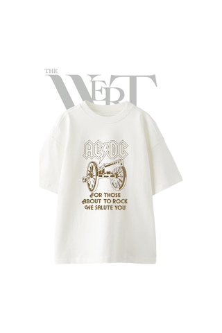 Thewert Ac Dc Kanon Tasarım Baskılı Ünisex Beyaz Oversize T-shirt