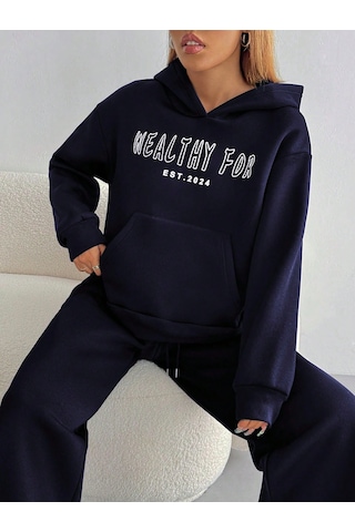 Macklin Unisex Kadın Erkek Healty For Baskılı Oversize 3 İplik Kapüşonlu Sweatshirt Ve Baggy Eşofman Altı Lacivert
