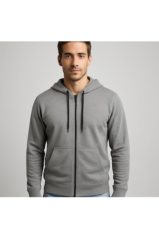 Axxel Erkek Gri 2 İplik Fermuarlı Kapüşonlu Sweatshirt-w1084 Gri