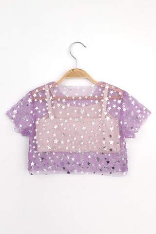 Le Mabelle Lila Yıldız Baskılı Kısa Kollu Kız Çocuk Tül Crop Lila