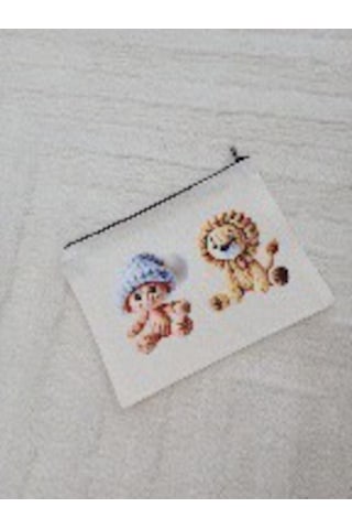 Wisheratelier Sevimli Örme Baskı Detaylı Clutch Bez Çanta Çok Renkli - Beyaz