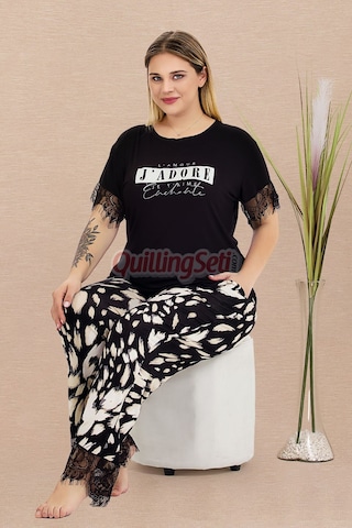 Lady Siyah Renk, Desenli Ve Dantel Detaylı 10980 Kısa Kollu Kadın Büyük Beden Anne Pijama Takımı Siyah - Beyaz