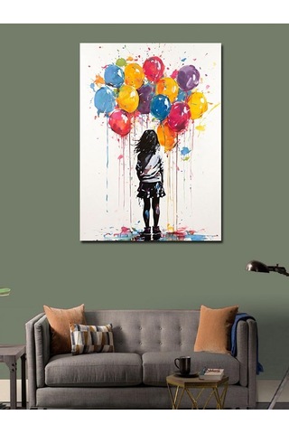 Kanvas Tablo Renkli Uçan Balonlar Ve Kız Çocuğu 100cmx140cm