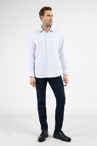 İmza Beyaz - Mavi Çizgili Desen Sert Yaka Uzun Kol Cepli Comfort Fit Pamuklu Gömlek 1004255208 Beyaz - Mavi