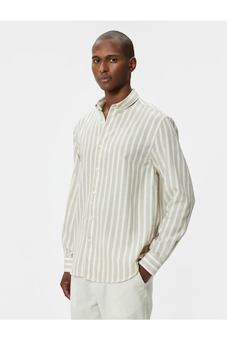 Koton Slim Fit Gömlek Uzun Kollu Klasik Yaka Düğmeli Bej Çizgili 4sam60155hw Ekru