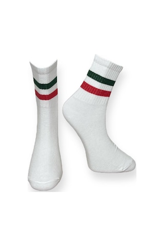 2'li Unısex Çizgili Yeşil-turuncu Ve Yeşil-kırmızı Şeritli Esnek Nem Alabilen Pamuklu Spor Soket Çoraplar Çok Renkli
