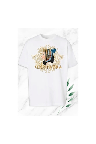 Tarzsokak Kadın Beyaz Antik Mısır Kraliçe Kleopatra Baskılı Oversize T-shirt