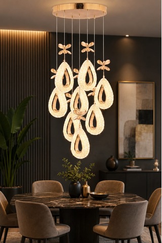 Yagmur 8li Gold Avize 3 Renk Led Isıklı Kumandalı Salon Avize Oturma Odası Avize