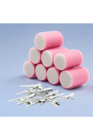 Croc 1207 Pembe Cırtlı Sünger Bigudi 8li Çap 4cm + 12li Alüminyum Saç Pensi Pembe