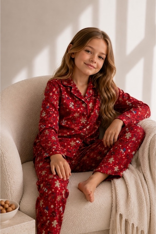 Beka Kids Yılbaşı Desenli Uzun Kollu Önden Düğmeli Gömlek Yaka Kız Çocuk Pijama Takımı Kırmızı