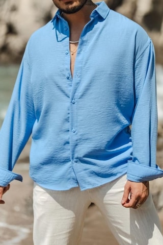 Cool Tarz Erkek Uzun Kollu Gömlek Yaka Keten Oversize Gömlek MAVİ