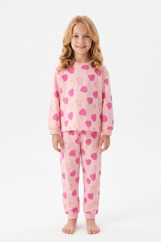 Bunny Hopp Kız Çocuk Uzun Kollu Pijama Takımı %100 Pamuk Pembe Çilek Desenli Penye Pembe Çiçekli