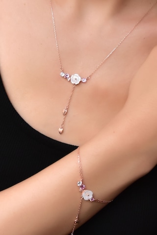 Papatya Silver 925 Ayar Gümüş Rose Kaplama Zincir Sallantılı Taşlı Sedef Manolya Çiçeği Kolye ve Bileklik Set