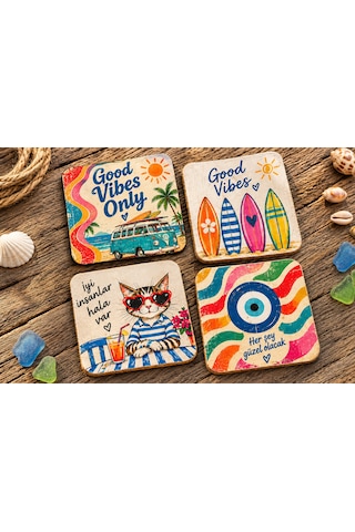 Yılbaşı Temalı Ahşap Hediyelik Bardak Altlığı Set 4 Lü Çok Renkli