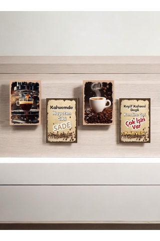 Kahve Tarasımlı Mdf Tablo Dekoratif Hediyelik 4 Parça 14x20 Cm
