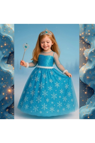 Parti Selesi Karlar Ülkesi Frozen Elsa Kostüm Mavi Tarlatanlı Uzun Kollu Elbise Kız Çocuk Kıyafet Mavi