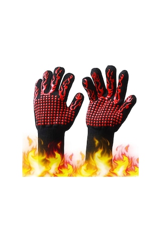 Geeksen Yüksek Sıcaklığa Dayanıklı 500-800 C İki Yönlü Kaymazsız Silikonlı Barbekü Eldiveni - Fırın, Pişirme, Mangal Koruması Çok Renkli