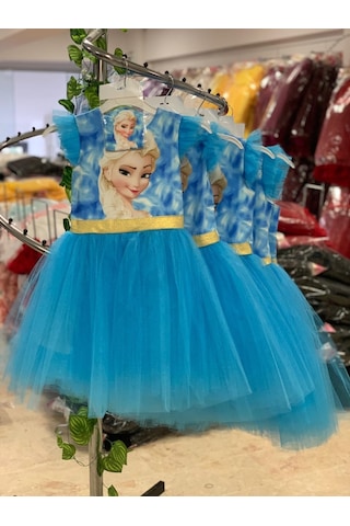 Maske Hediyeli Tül Detay Elsa Elbise Mavi