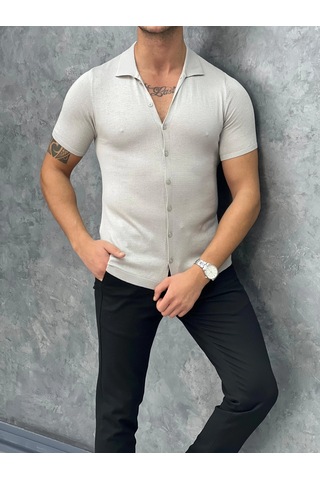Modefendi Slim Fit Polo Yaka Triko Pamuklu Kısa Kollu Gömlek Gümüş