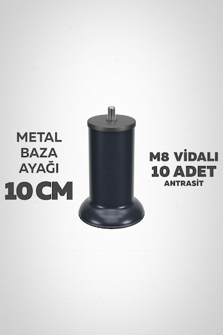 Baza Ayağı 10 Cm M8 Vidalı 10 Lu Set Metal Antrasit Yatak Mobilya Ayağı İnce Vida Antrasit M8 10 Cm