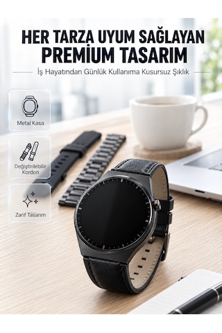 3 Kordonlu Amoled Ekran Bluetooth Aramalı Akıllı Saat Metal, Deri Ve Silikon Kordon Seti
