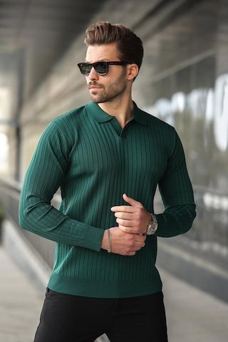 Madmext Yeşil Polo Yaka Çizgili Uzun Kollu Kazak 7239 Yeşil