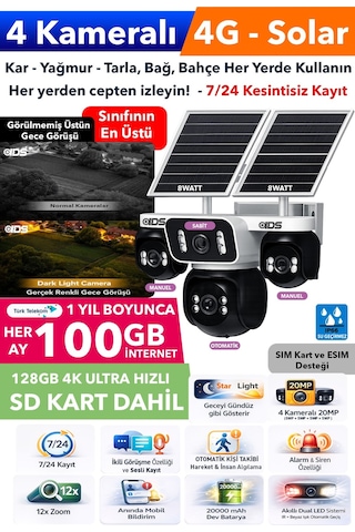 4 Kamera 20mp Güneş Enerjili 4g Güvenlik Kamerası 1200gb İnternet 128gb Sd Kart Üstün Gece Görüşlü
