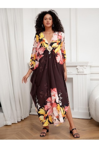 Edolynsa Şık Bohem Kadın Kaftan Kaftan Büyük Beden Ev Elbisesi Yarasa Kol Ev Giyim Mayo Örtüsü Ev Giyim Q1289 Çok Renkli