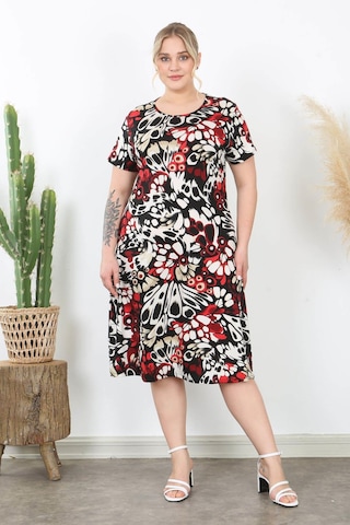 Kadın Kırmızı Bej Kanat Desen Midi Elbise Kırmızı