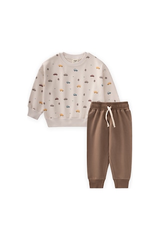 Cigit Araba Baskılı Sweatshirt Takım 1-5 Yaş Bej Bej