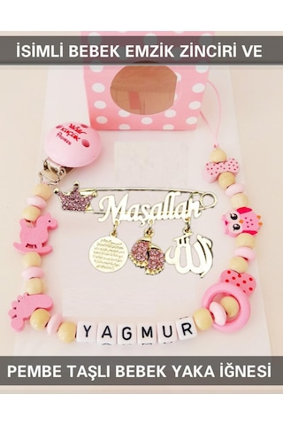 Sahi Aksesuar İsimli Bebek Emzik Zinciri ve Pembe Taşlı Bebek Yaka İğnesi Pembe Sahi Aksesuar İsimli Bebek Emzik Zinciri ve Pembe Taşlı Bebek Yaka İğnesi Pembe