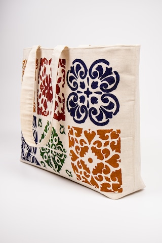 Fabric Craft Bag Kanvas Plaj Çantası Büyük Boy Astarlı Desenli Omuz Çantası Küçük Çantalı 50x35 Krem