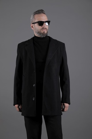 Ohepmoda Düğmeli Düz Erkek Kaşe Kaban Siyah