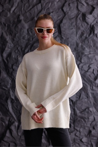 Bisiklet Yaka Oversize Basic Triko Kazak Bej