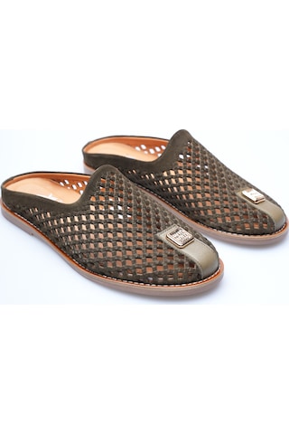 Analin Shoes Kadın Hakiki Deri Delikli Günlük Rahat Terlik Haki