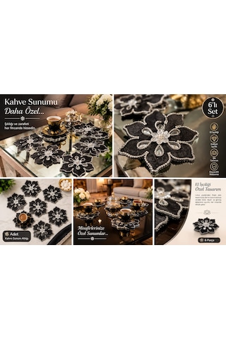 Kahve Sunum Pecetesi El Yapımı İnci Detaylı 15x15 Ölcü 6 Adet Renkli - Beyaz - Gold - Gümüş - Siyah