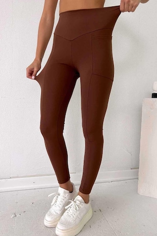 Mine Tan Butik Yanı Cepli Toparlayıcı Yüksek Bel Likralı Spor Tayt - Koyu Kahve Kahverengi