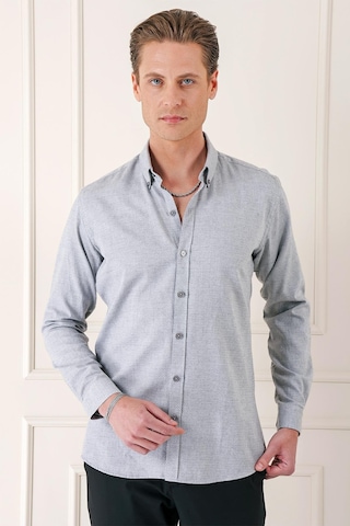 Efor Slim Fit Düğmeli Yaka Dokulu %100 Pamuk Klasik Açık Gri Gömlek Gk 724 Gri