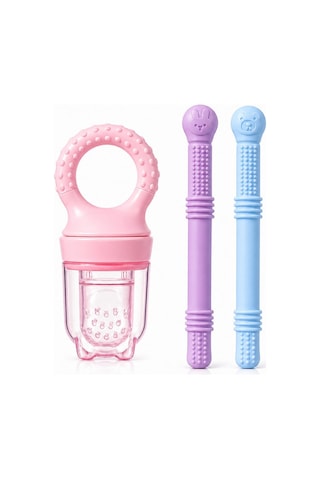 3 Parça Bebek Seti Meyve Emziği + 2 Adet Diş Kaşıyıcı Pembe