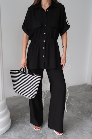 Keten Belden Büzgü Detaylı Gömlek - Pantolon Takım - Siyah Siyah