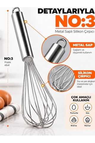 Metal Saplı Silikon Çırpıcı No:3 Yumurta Çırpıcı Ve Hamur Karıştırıcı Mutfak Gereci