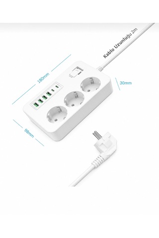 Akım Korumalı 3 Lü Priz 2 Usb-c + 4 Usb-a Hızlı Şarj, 2m Kablo, Çocuk Korumalı Çoklu Priz 0 - 2 M