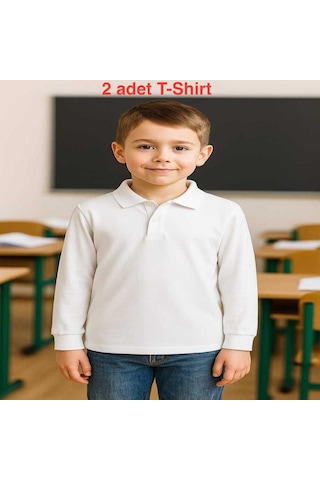 2 Adet Unisex Çocuk Uzun Kol Polo Yaka Beyaz Okul T-shirt Beyaz