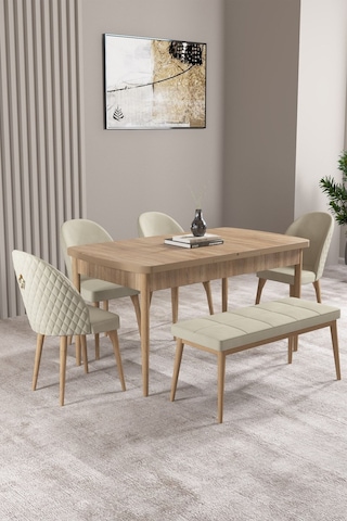 Milas Meşe Desen 80x132 Mdf Açılabilir Mutfak Masası Takımı 4 Sandalye, 1 Bench Krem