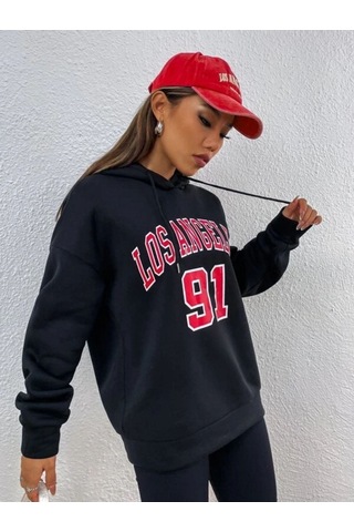 Altamira Unisex Los Angeles 91 Baskılı Oversize Kapşonlu Sweatshirt 001